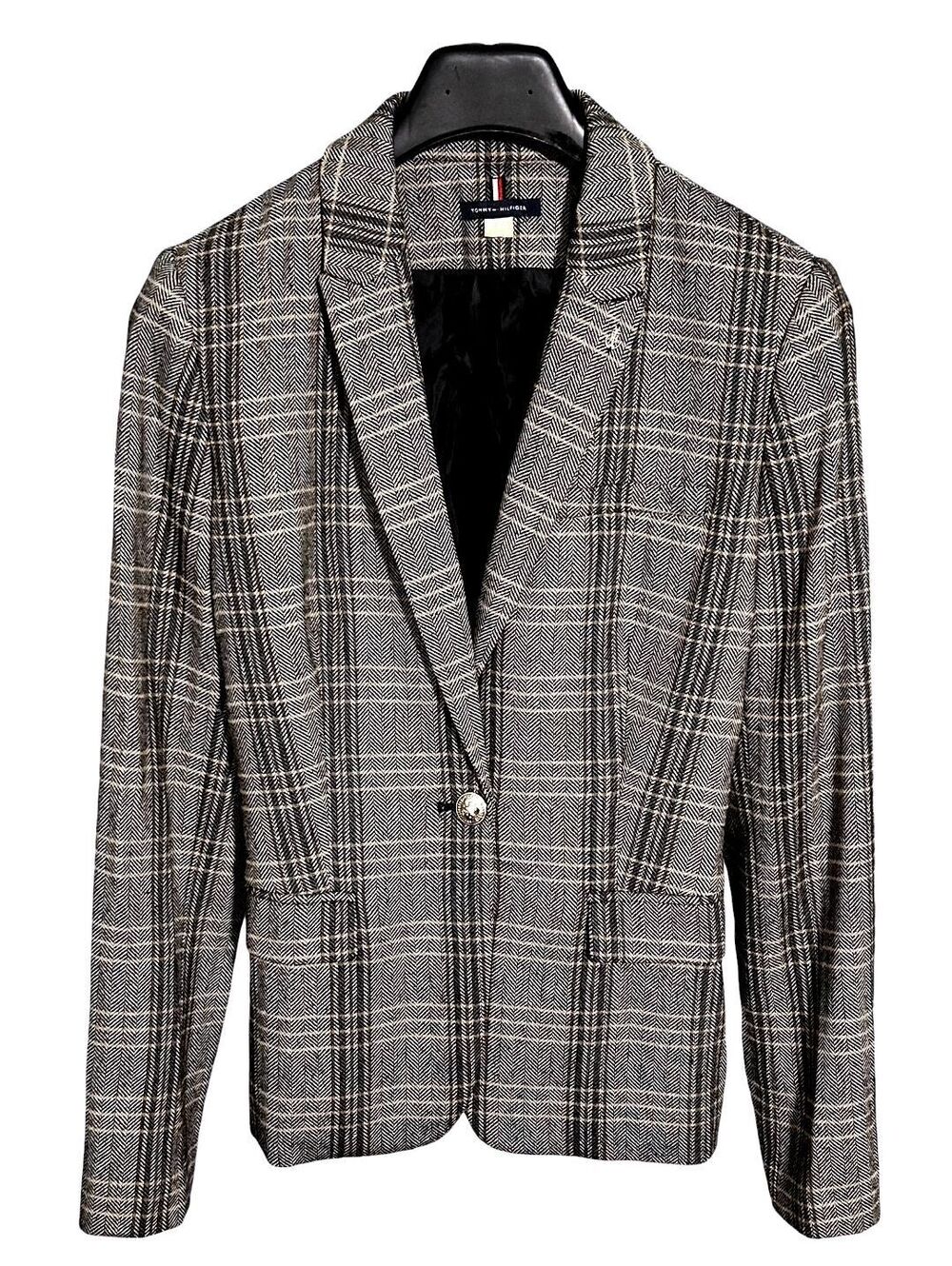 TOMMY HILFIGER Womens (14) Vintage Gray/Tan Plaid Wool-Blend Career Blazer